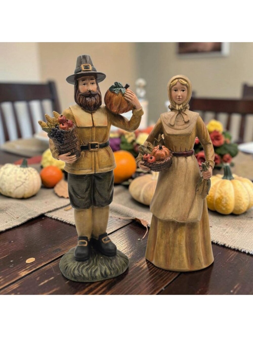 Thanksgiving Pilgrim Couple Figurines Harvest Details Autumn Decor